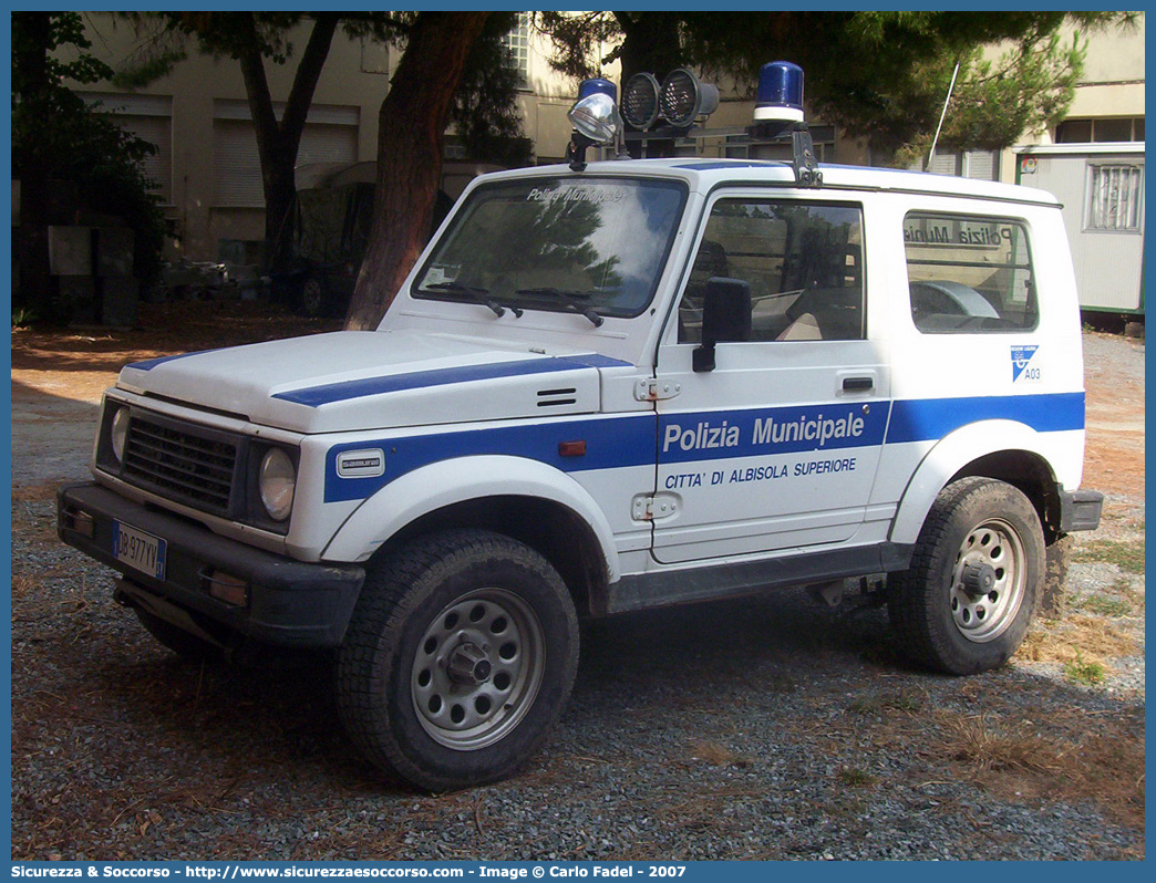 -
Polizia Municipale
Comune di Albisola Superiore
Suzuki Samurai I serie
Parole chiave: PL;P.L.;PM;P.M.;Polizia;Locale;Municipale;Albisola Superiore;Suzuki;Samurai