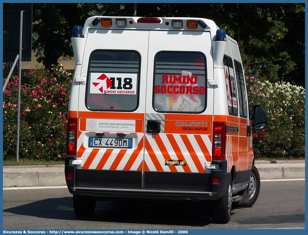 BRAVO 20
118 Romagna Soccorso
Ambito Territoriale di Rimini
Fiat Ducato II serie restyling
Allestitore Bollanti S.r.l.
Parole chiave: 118;Romagna;Soccorso;Rimini;Ambulanza;Fiat;Ducato;Bollanti