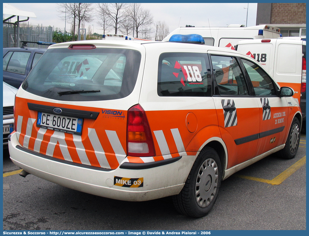 MIKE 03
118 Romagna Soccorso
Ambito Territoriale di Rimini
Ford Focus Station Wagon
Allestitore Vision S.r.l.
Parole chiave: 118;Romagna;Soccorso;Rimini;Automedica;Ford;Focus;Station;Wagon;Vision