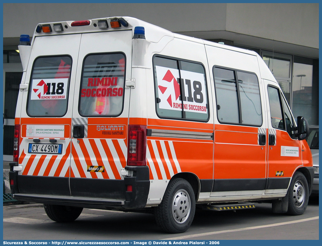 BRAVO 20
118 Romagna Soccorso
Ambito Territoriale di Rimini
Fiat Ducato II serie restyling
Allestitore Bollanti S.r.l.
Parole chiave: 118;Romagna;Soccorso;Rimini;Ambulanza;Fiat;Ducato;Bollanti