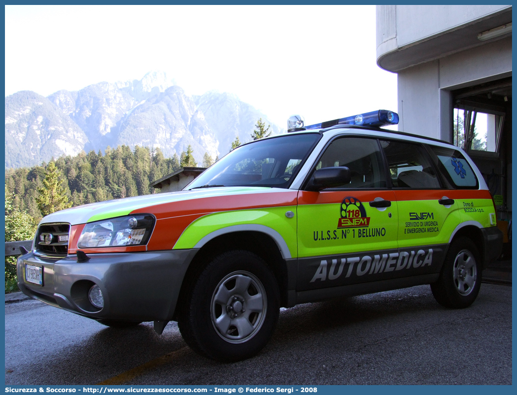 TANGO 1
SUEM 118 Belluno
Azienda ULSS 1 - Dolomiti
Pieve di Cadore
Subaru Forester III serie
Allestitore Aricar S.p.A.
Parole chiave: 118;SUEM;S.U.E.M.;Belluno;Pieve di Cadore;Automedica;Subaru;Forester;Aricar