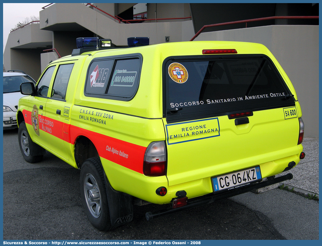 SA 600
Corpo Nazionale
Soccorso Alpino e Speleologico
Delegazione Alpina
XXV Emilia Romagna
Mitsubishi L200 III serie
Parole chiave: CNSAS;C.N.S.A.S.;Corpo;Nazionale;Soccorso;Alpino;Speleologico;Emilia;Romagna;SAER;S.A.E.R.;Mitsubishi;L200;L 200