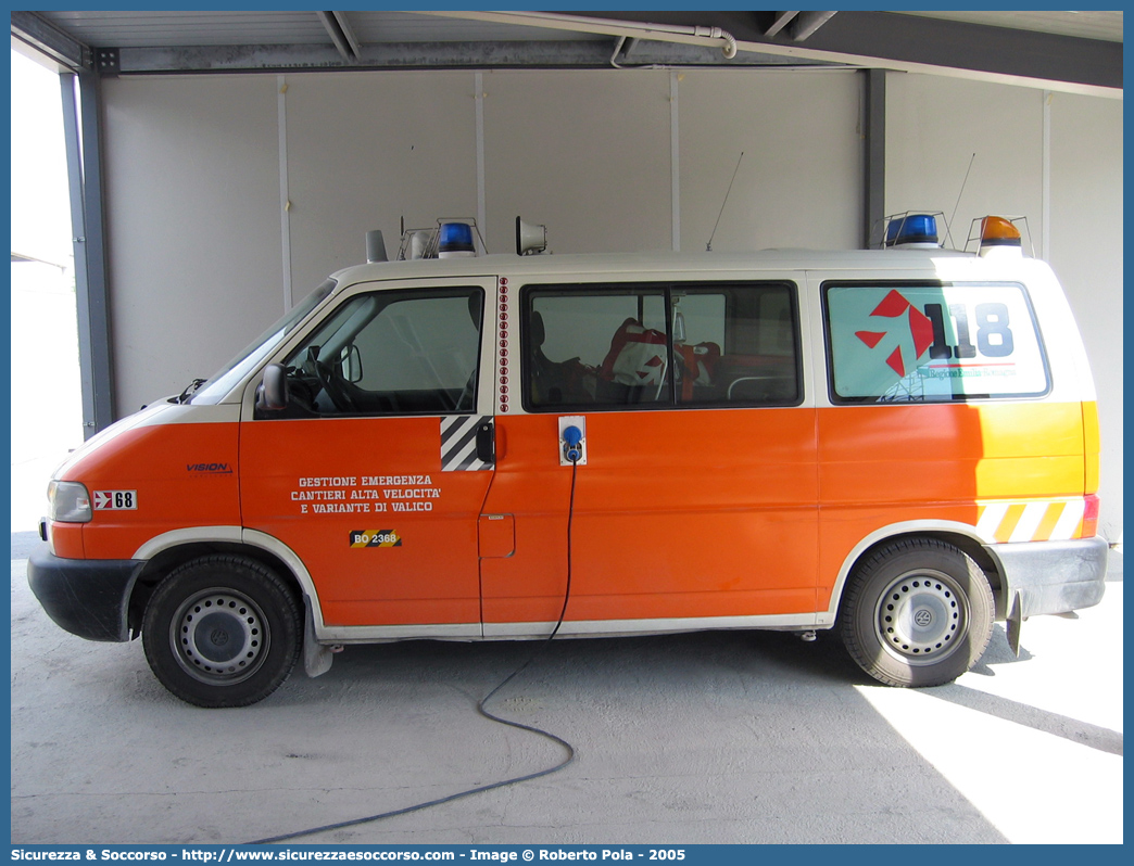 BO 2368
118 Bologna Soccorso
Volkswagen Transporter T4 restyling
Parole chiave: 118;Bologna;Soccorso;Ambulanza;Autoambulanza;Volkswagen;Transporter;T4;Vision;GECAV;Gestione;Emergenza;Cantieri;Alta Velocità;Variante di Valico