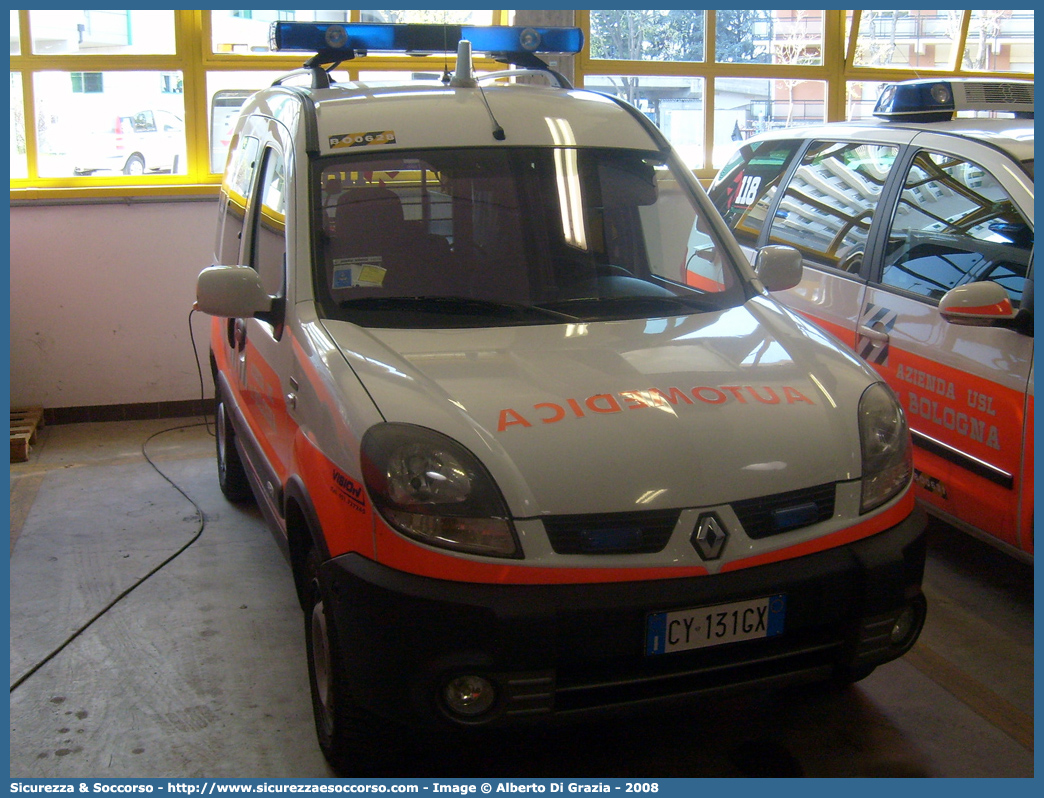 BO 0628
118 Bologna Soccorso
Renault Kangoo 4x4 II serie
Allestitore Vision S.r.l.
Parole chiave: 118;Bologna;Soccorso;Automedica;Automedicalizzata;Auto Medica;Auto Medicalizzata;Renault;Kangoo;4x4;4 x 4;Vision