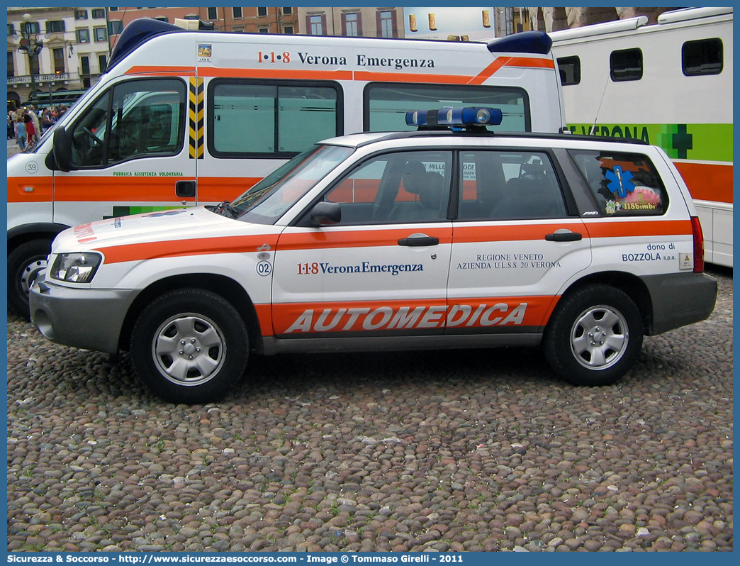 ALFA MIKE 02
SUEM 118 Verona Emergenza
Azienda ULSS 9 - Scaligera
Subaru Forester III serie
Allestitore Aricar S.p.A.
Parole chiave: 118;Verona;Emergenza;SUEM;S.U.E.M.;Automedica;Subaru;Forester;Aricar