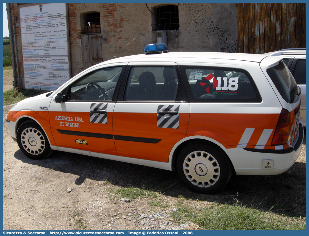 MIKE 03
118 Romagna Soccorso
Ambito Territoriale di Rimini
Ford Focus Station Wagon
Allestitore Vision S.r.l.
Parole chiave: 118;Romagna;Soccorso;Rimini;Automedica;Ford;Focus;Station;Wagon;Vision