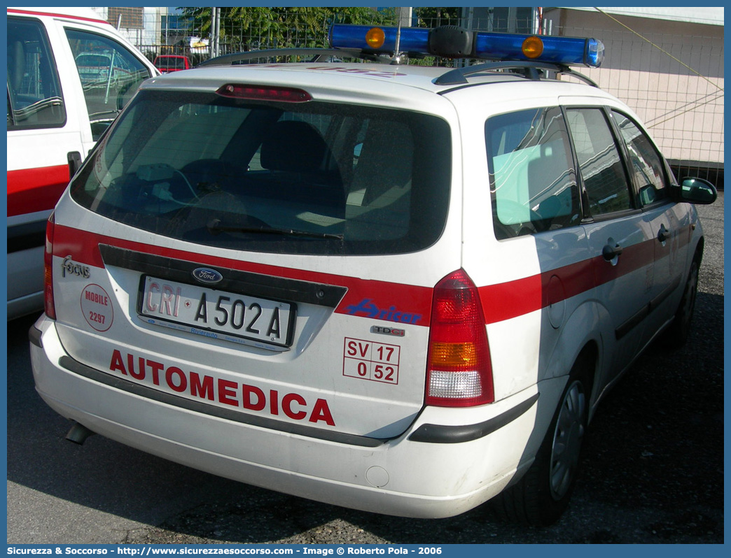 CRI A502A
Croce Rossa Italiana
Ceriale
Ford Focus Station Wagon
Allestitore Aricar S.p.A.
Parole chiave: CRI;C.R.I.;Croce Rossa Italiana;Automedica;Auto medica;Automedicalizzata;Auto medicalizzata;Ford;Focus;Station Wagon;Ceriale;A502A;Aricar