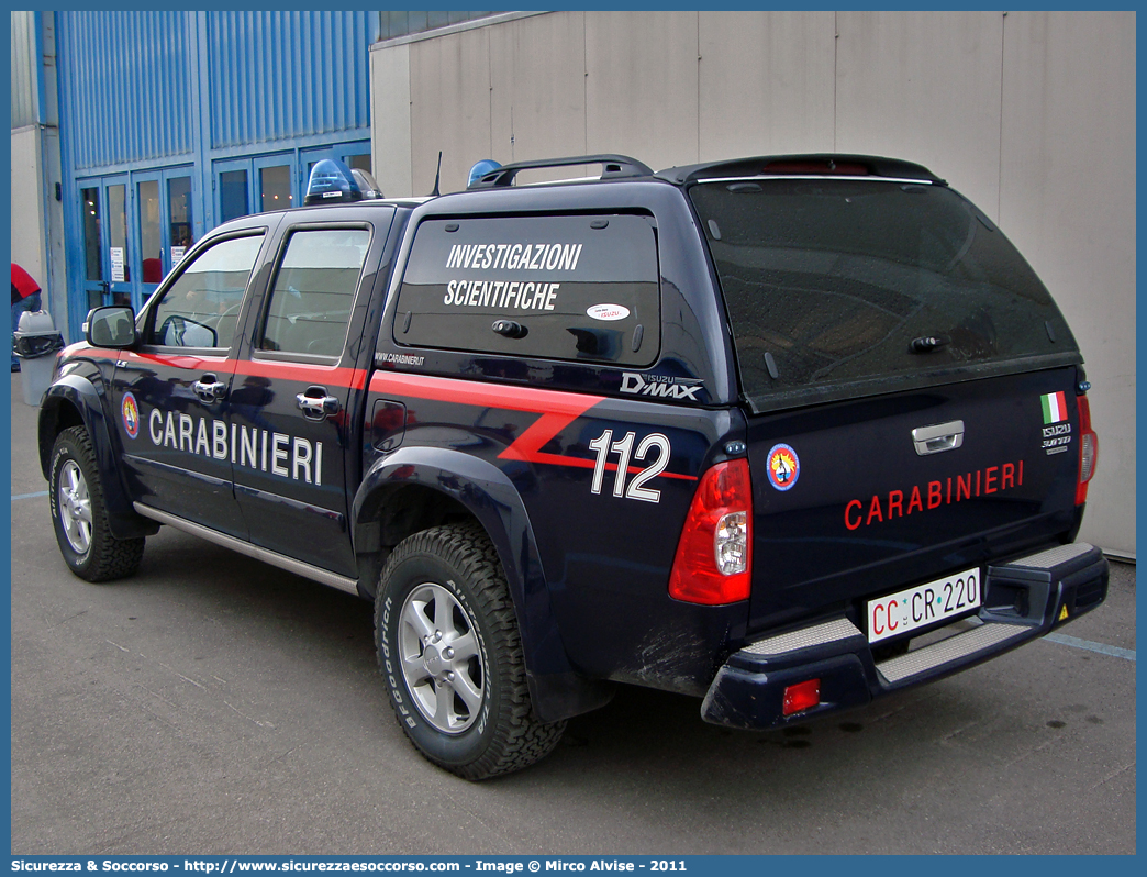 CC CR220
Arma dei Carabinieri
Raggruppamento Carabinieri
Investigazioni Scientifiche
Isuzu D-Max I serie I restyling
Allestitore Maritan S.r.l.
Parole chiave: CCCR220;Arma dei Carabinieri;Raggruppamento Carabinieri Investigazioni Scientifiche;RACIS;RIS;Isuzu D-Max II serie restyling