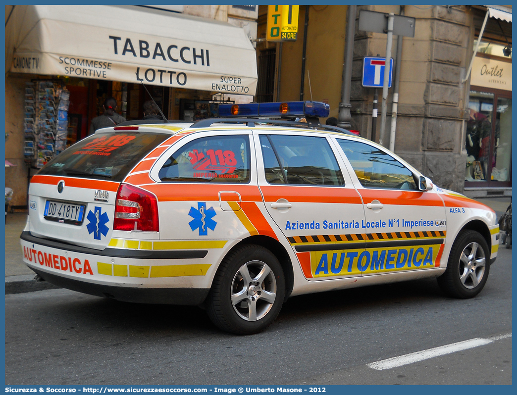 ALFA 3
118 Imperia Soccorso
Skoda Octavia Wagon II serie
Allestitore AVS S.a.s.
Parole chiave: 118;Imperia;Soccorso;Automedica;Skoda;Octavia;Wagon;AVS