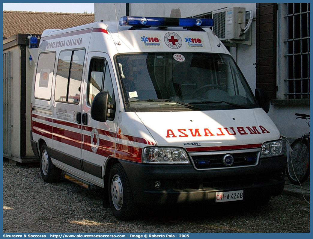 CRI A424B
Croce Rossa Italiana
Gonzaga
Fiat Ducato II serie restyling
Allestitore Vision S.r.l.
Parole chiave: Croce;Rossa;Italiana;CRI;C.R.I.;Ambulanza;Fiat;Ducato;Vision;Gonzaga