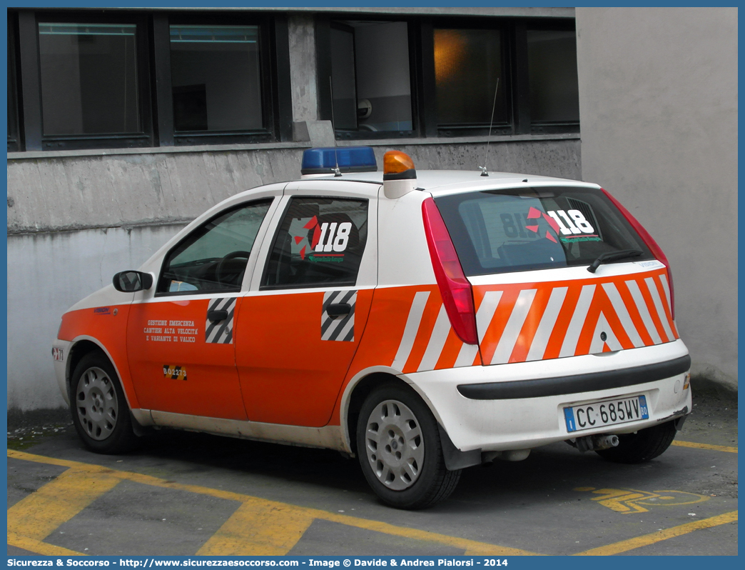 BO 2273
118 Bologna Soccorso
Fiat Punto II serie
Allestitore Vision S.r.l.
Parole chiave: 118;Bologna;Soccorso;Fiat;Punto;Vision;G.E.C.A.V.;GECAV;Gestione;Emergenza;Cantieri;Alta Velocità;Variante di Valico