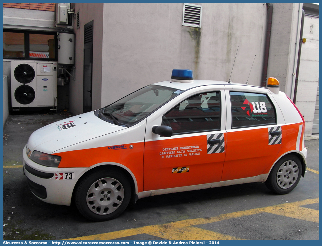 BO 2273
118 Bologna Soccorso
Fiat Punto II serie
Allestitore Vision S.r.l.
Parole chiave: 118;Bologna;Soccorso;Fiat;Punto;Vision;G.E.C.A.V.;GECAV;Gestione;Emergenza;Cantieri;Alta Velocità;Variante di Valico