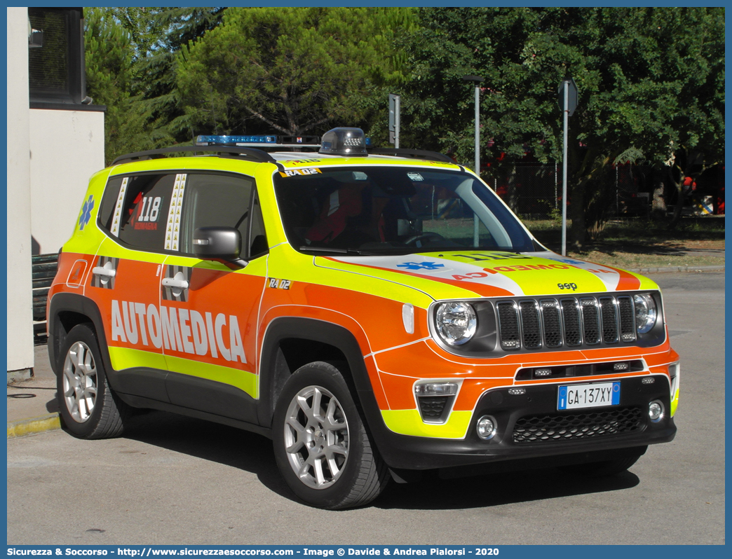 RA 02
118 Romagna Soccorso
Ambito Territoriale di Ravenna
Jeep Renegade I serie restyling
Allestitore Safety Car S.r.l.
Parole chiave: 118;Romagna;Ravenna;Soccorso;Automedica;Automedicalizzata;Auto Medica;Auto Medicalizzata;Jeep;Renegade;Safety Car;Orion