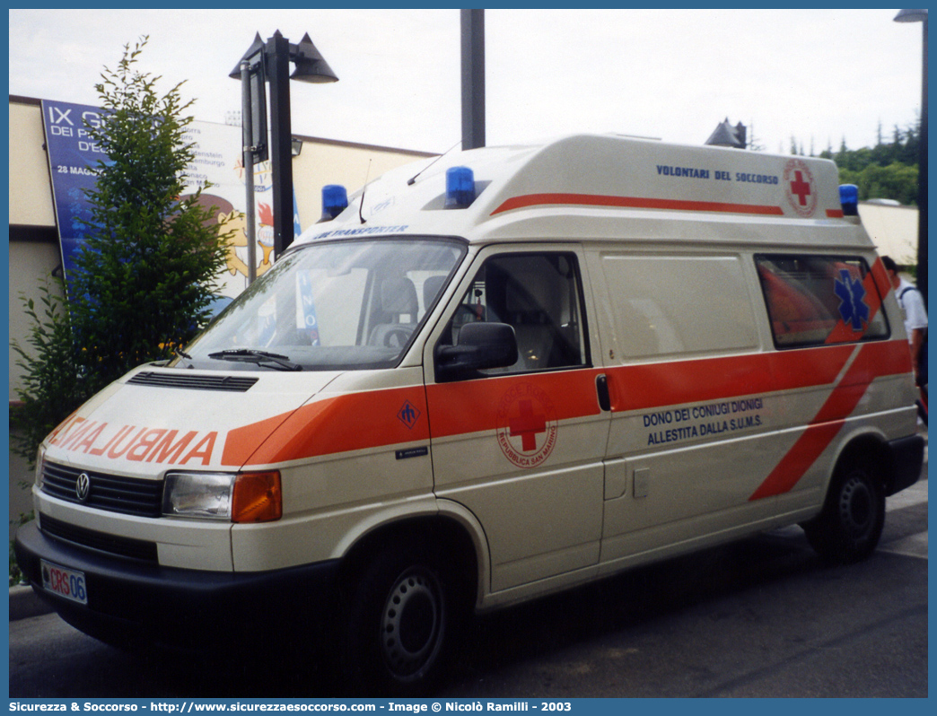 CRS 06
Croce Rossa
Repubblica di San Marino
Volkswagen Transporter T4
Allestitore Mariani Fratelli S.r.l.
Parole chiave: Croce;Rossa;Repubblica;San Marino;CRS;RSM;C.R.S.;R.S.M.;Ambulanza;Volkswagen;Transporter;T4;CRS06;Mariani Fratelli