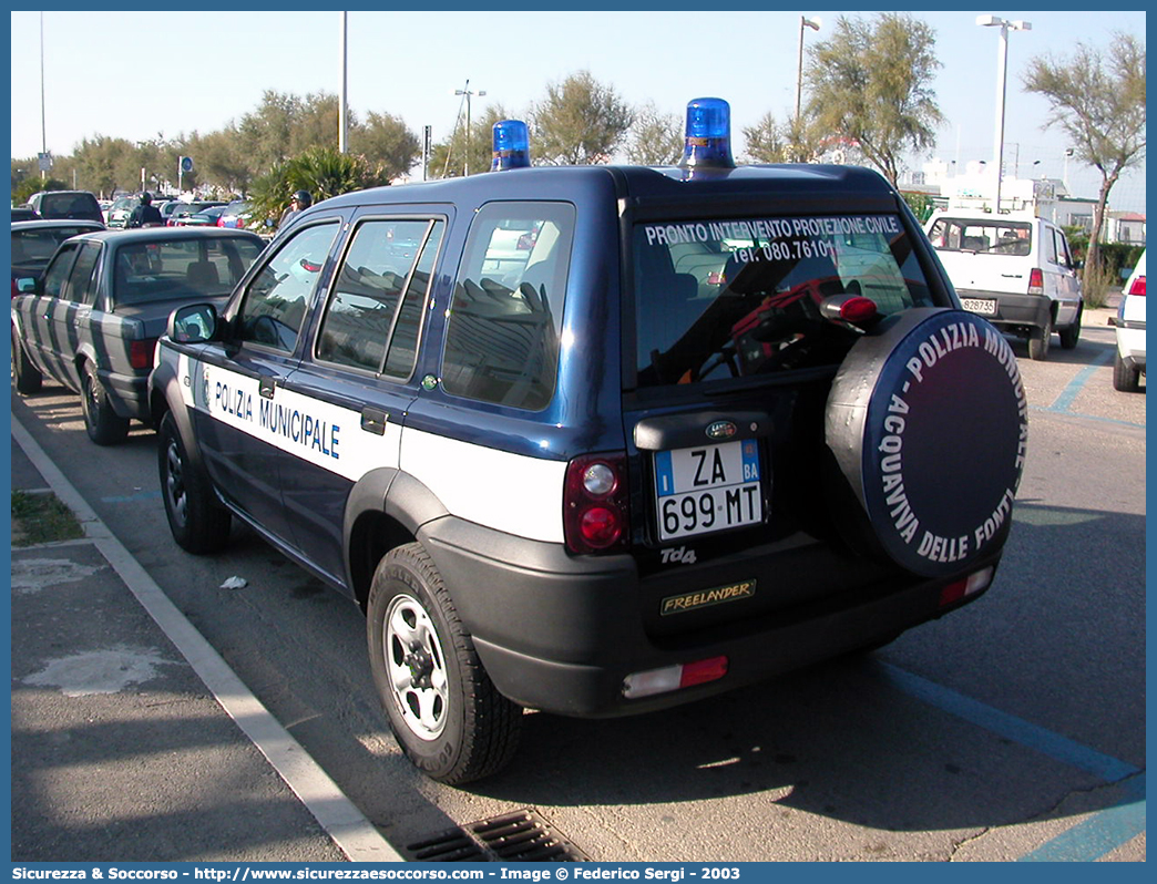 -
Polizia Municipale
Comune di Acquaviva delle Fonti
Land Rover Freelander I serie
Parole chiave: PL;P.L.;PM;P.M.;Polizia;Locale;Municipale;Acquaviva;delle;Fonti;Land Rover;Freelander