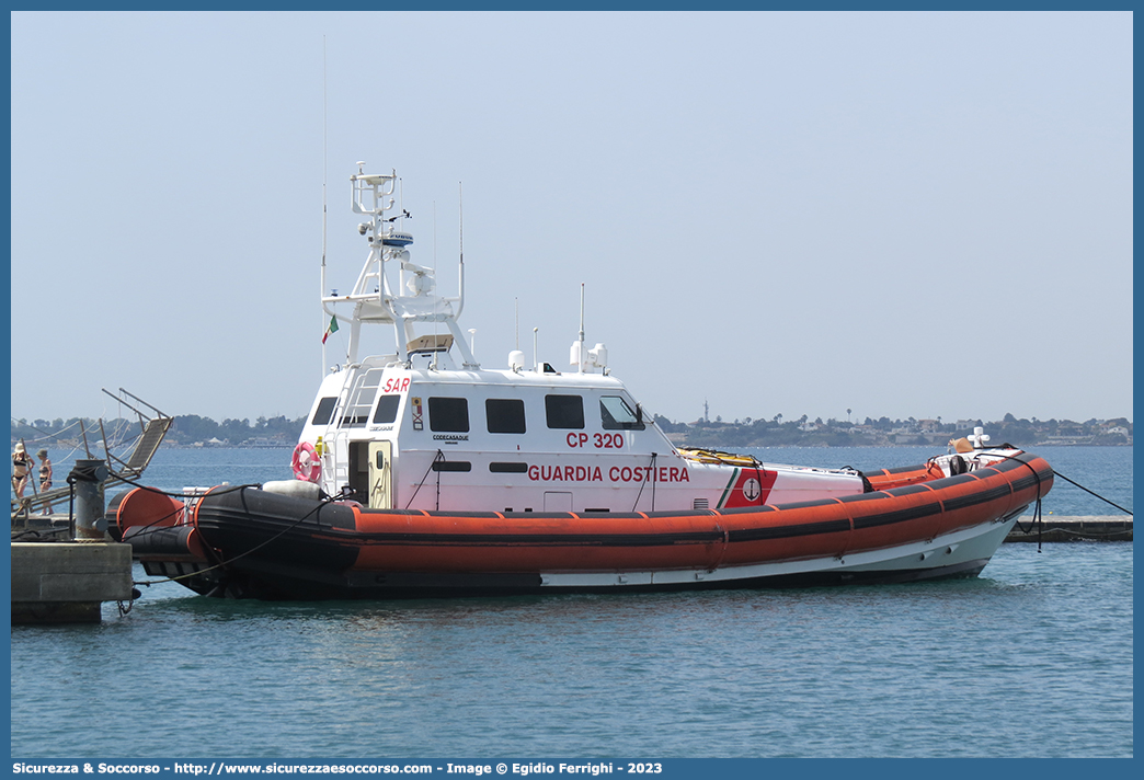 CP 320
Corpo delle Capitanerie di Porto
Guardia Costiera
Vedetta SAR Ognitempo Classe 300
"Ammiraglio Francese"
Cantieri Navali CodecasaDue S.p.A.
Parole chiave: CP;C.P.;G.C.;GC;Guardia;Costiera;Capitaneria;Capitanerie;Porto;Vedetta;Vedette;Costiera;Costiere;Classe;300;SAR;Ammiraglio;Francese;Codecasa