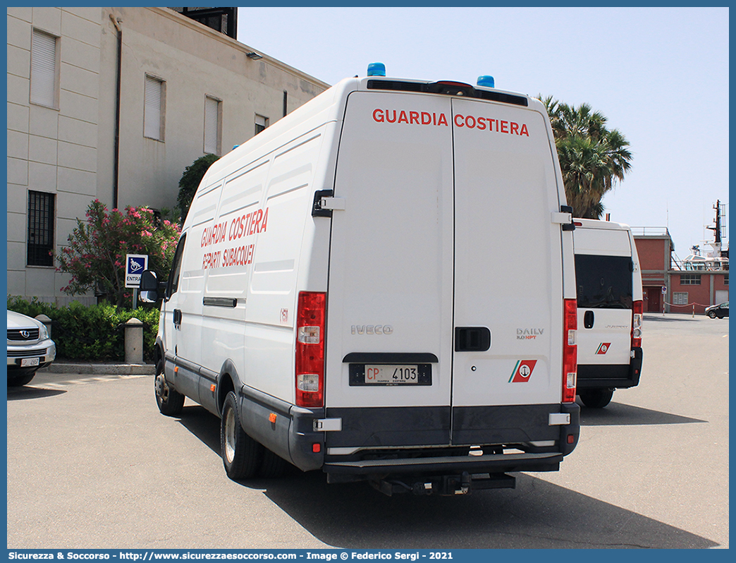 CP 4103
Corpo delle Capitanerie di Porto
Guardia Costiera
Reparti Subacquei
Iveco Daily 50C18 IV serie
Parole chiave: CP;C.P.;GC;G.C.;Guardia;Costiera;Capitaneria;Capitanerie;di;Porto;Reparto;Subacquei;Iveco;Daily;50C18