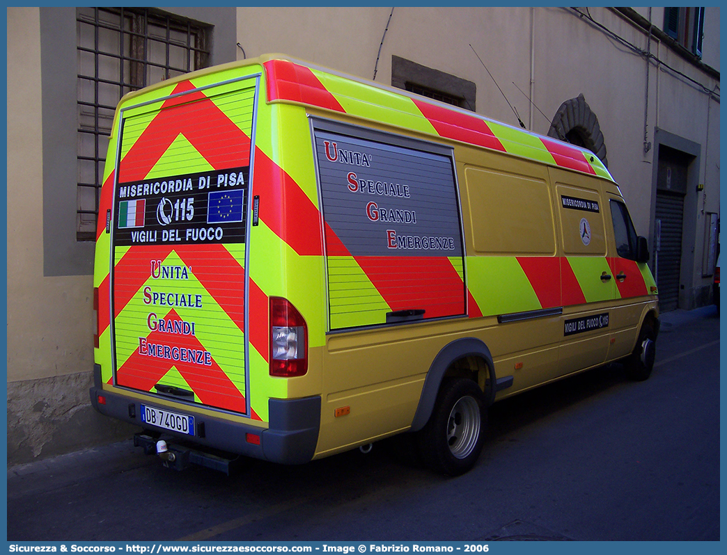 PLS 75
Misericordia di Pisa
Mercedes Benz Sprinter 416 I serie restyling
Allestitore BAI S.r.l.
Parole chiave: Misericordia;Misericordie;Pisa;Mercedes Benz;Sprinter;416;USGE;U.S.G.E.;Unità;Speciale;Grandi;Emergenze;BAI;B.A.I.