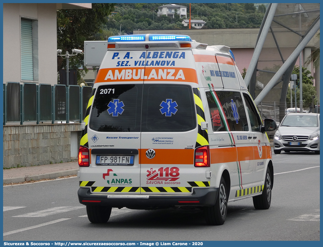 2071
P.A. Croce Bianca Albenga
Sezione Villanova
Volkswagen Transporter T6
Allestitore Mariani Fratelli S.r.l.
Parole chiave: P.A.;PA;Croce;Bianca;Albenga;Villanova;Volkswagen;Transporter;T6;Mariani