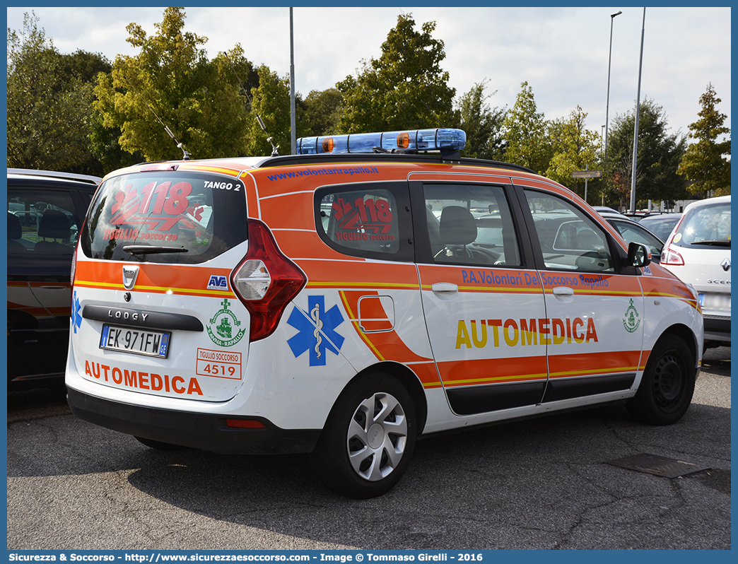 4519 - Tango 2
P.A. Volontari del Soccorso 
S.Anna Rapallo ODV
Dacia Lodgy
Allestitore AVS S.a.s.
Parole chiave: P.A.;PA;Pubblica;Assistenza;Volontari;Soccorso;S.Anna;Rapallo;Dacia;Lodgy;AVS